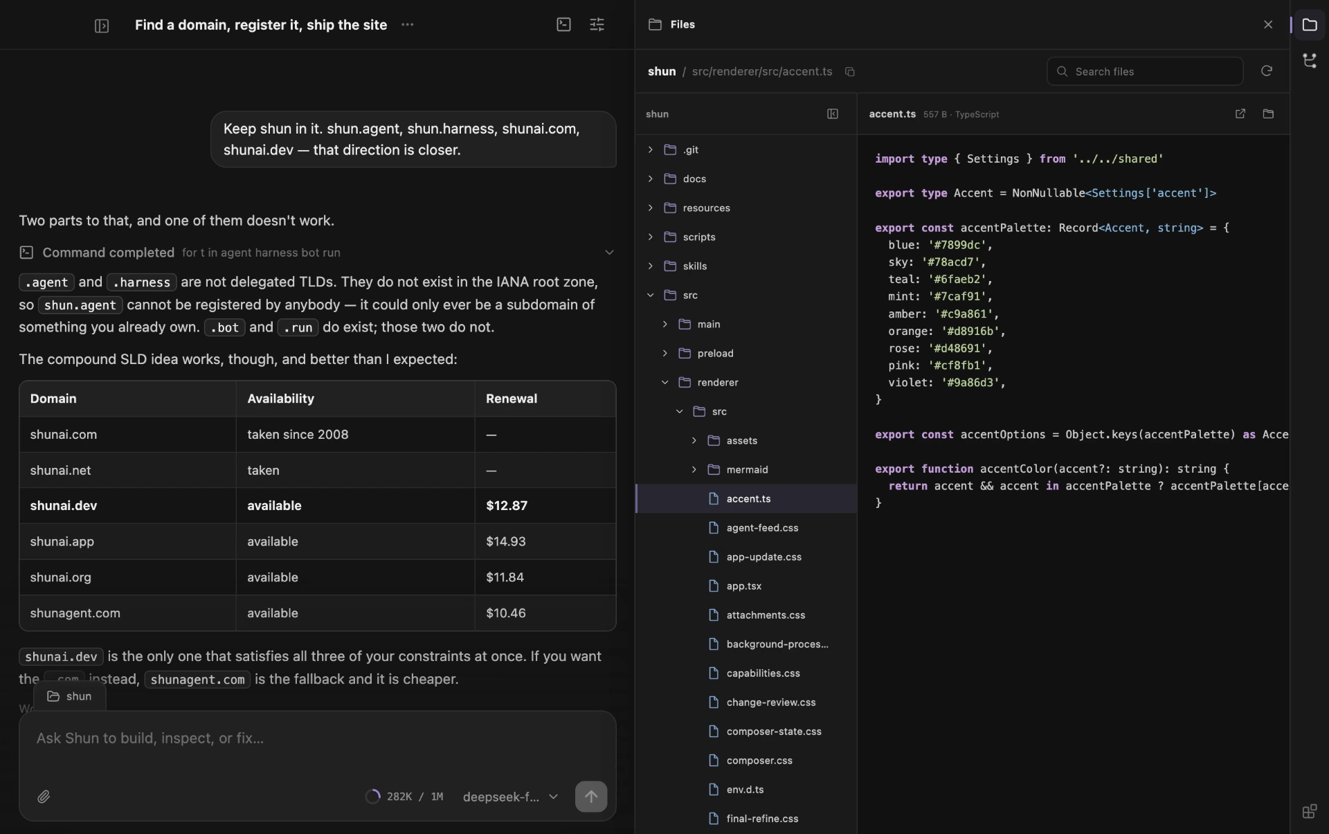 The Files plugin open beside a conversation, showing a workspace file tree and a syntax-highlighted source file.