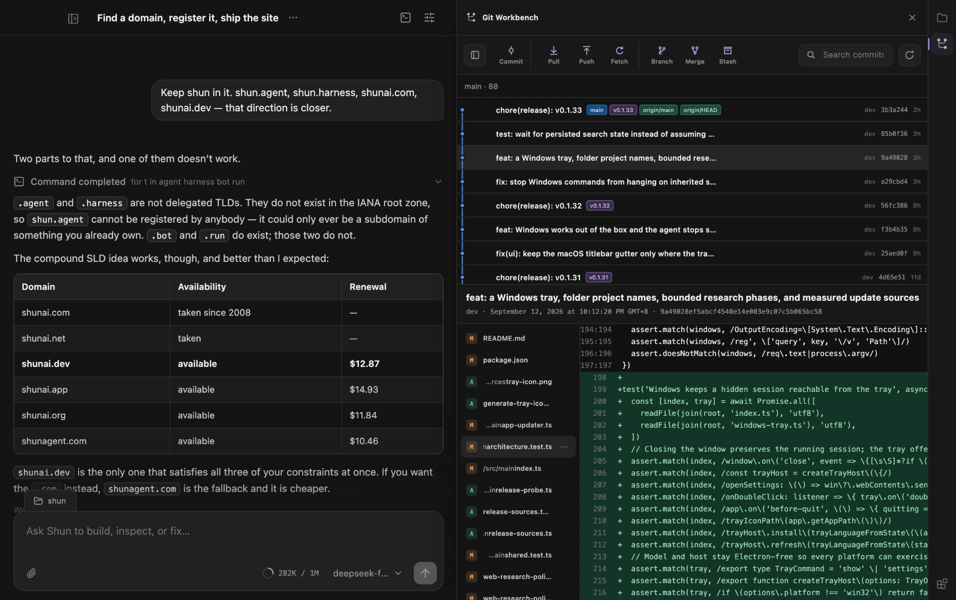 Git Workbench, a Shun plugin, open next to a conversation. It shows a commit graph with release tags and the code diff for one commit.