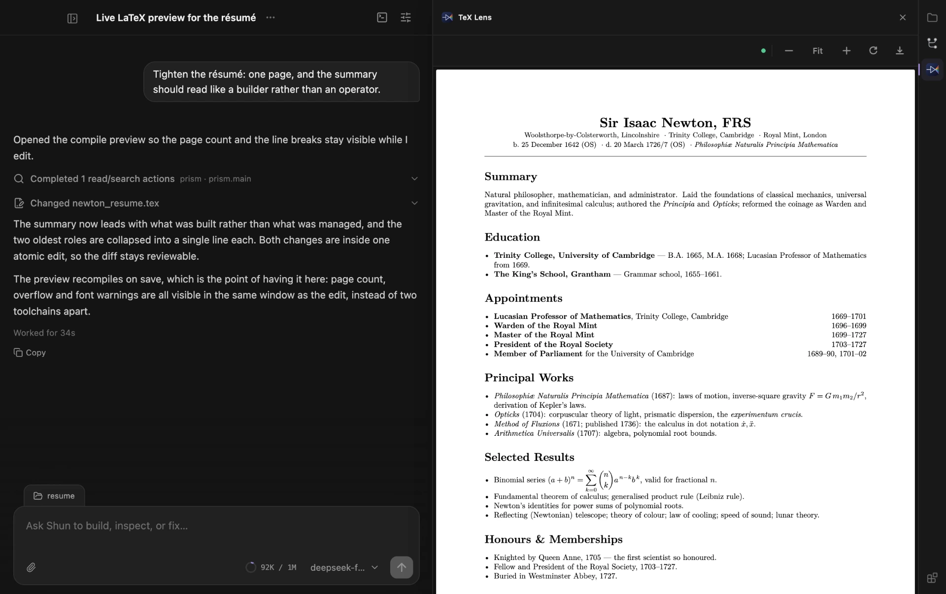 TeX Lens, a Shun plugin, open beside a conversation about tightening a résumé. It shows the compiled PDF of a LaTeX file: a typeset one-page CV with formulas and right-aligned dates.