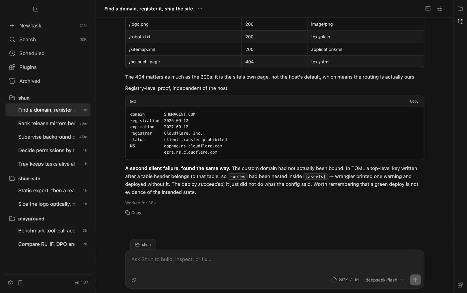 Shun working a task: checking domain registration at the registry, registering an available name on Cloudflare, then building and deploying a static site and verifying the live response codes.